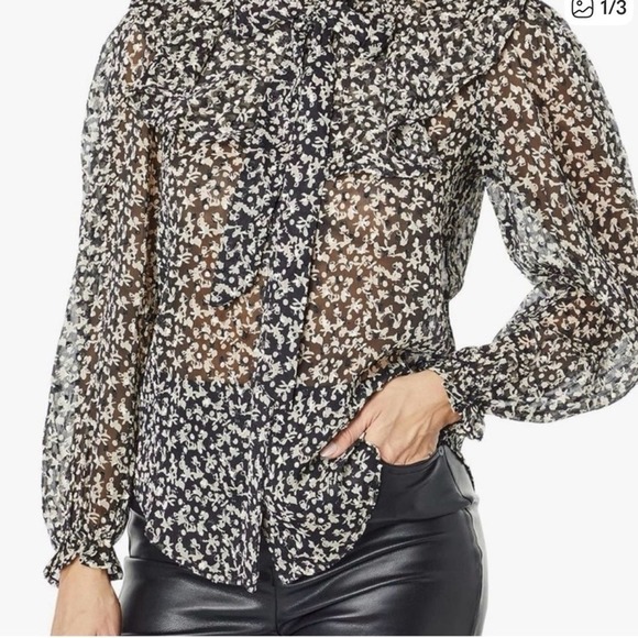 bishop + young Tops - Bishop + Young Floral Bow Ruffle Blouse‎ Black White Sheer XS NEW